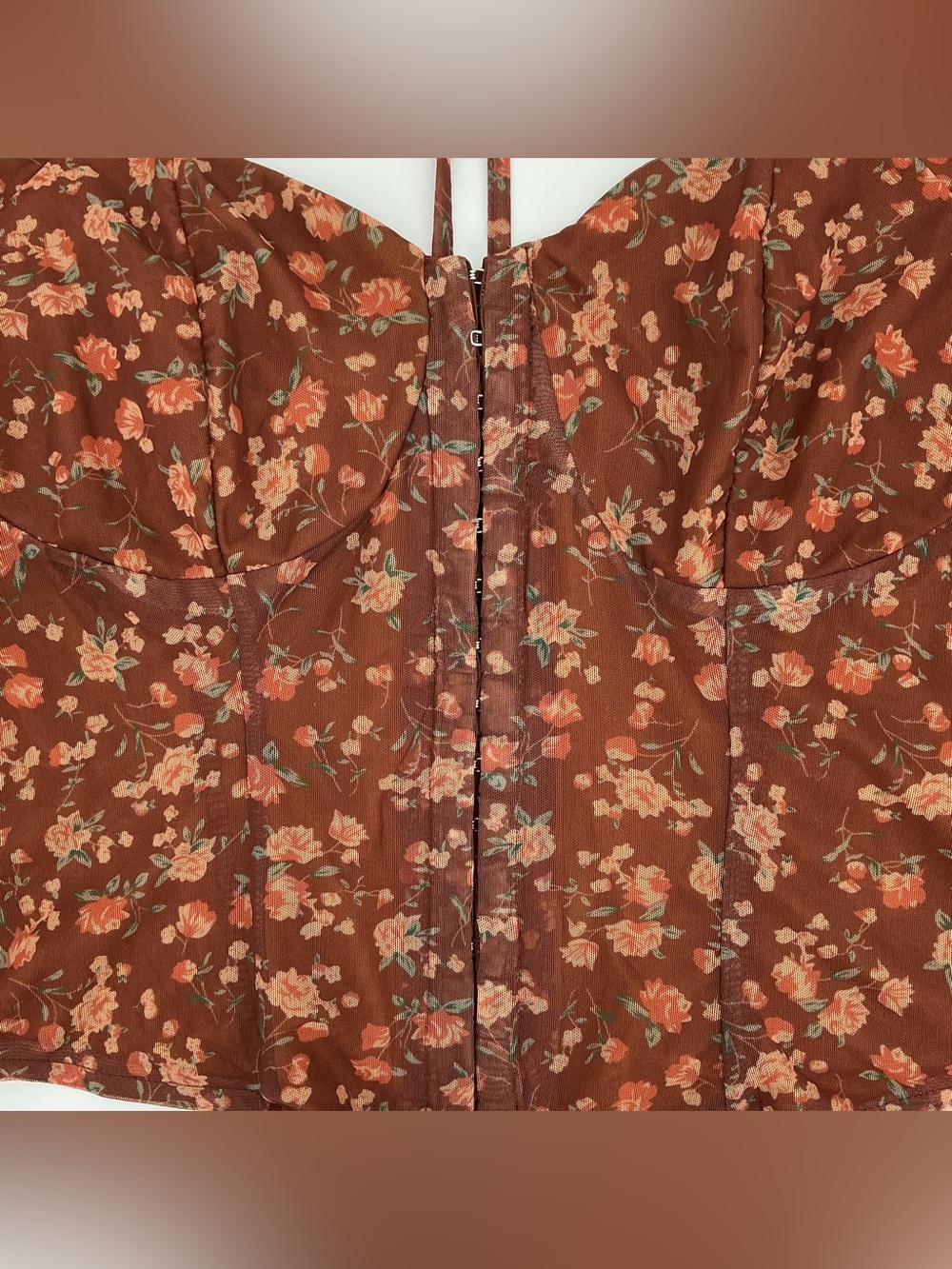 Lulu's Sweet and Cute Brown Floral Crop Top with Mesh Sleeves - Picture 3 of 8